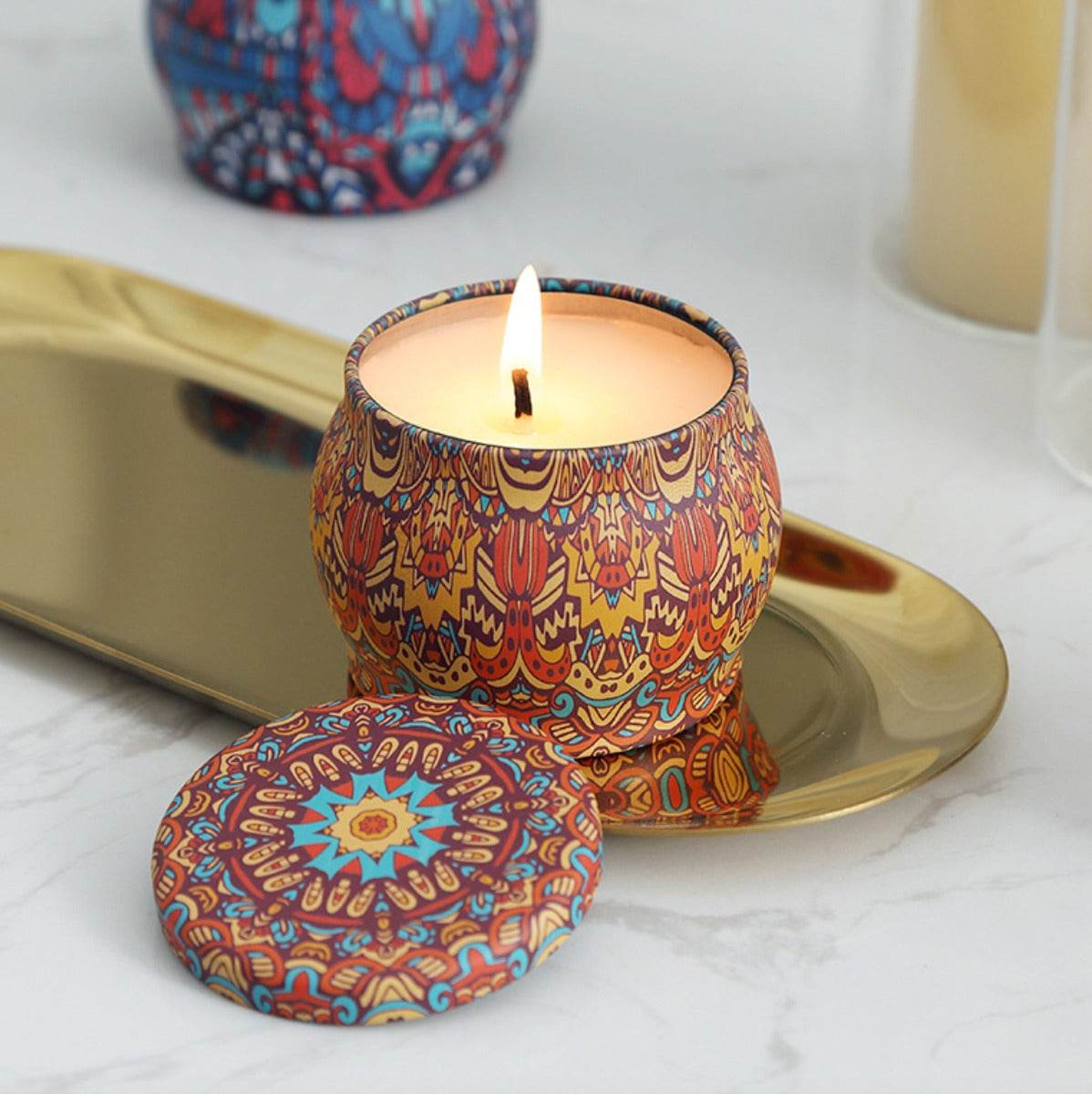 Peppermint Aroma Candle In Colourful Patterned Tin (65ml) - DMC Wholesale