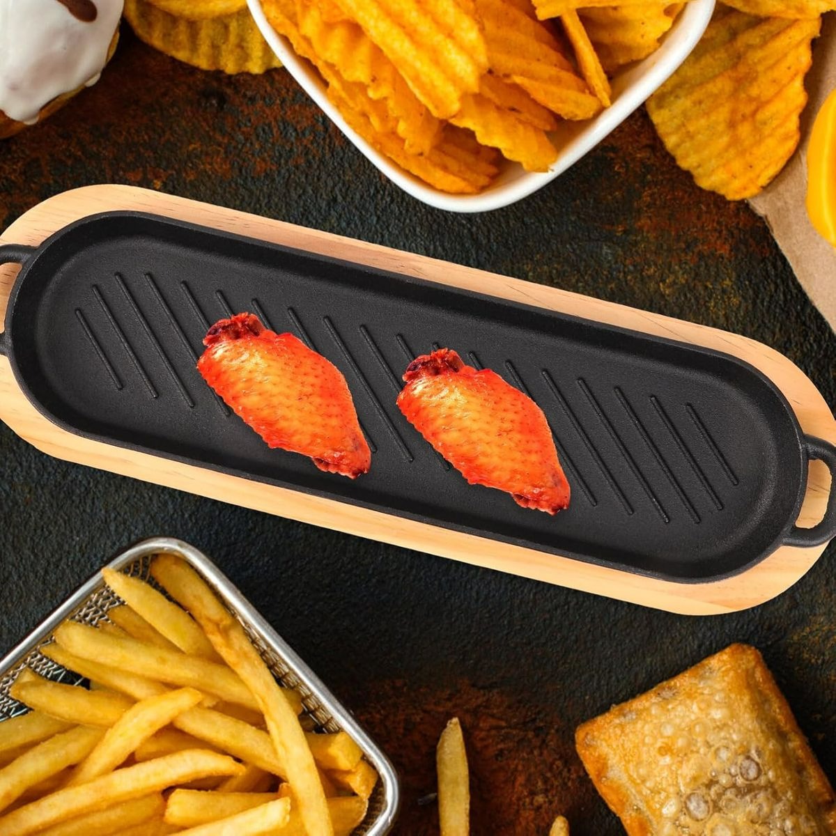 Cast Iron Steak Pan With Wooden Base (42cm)