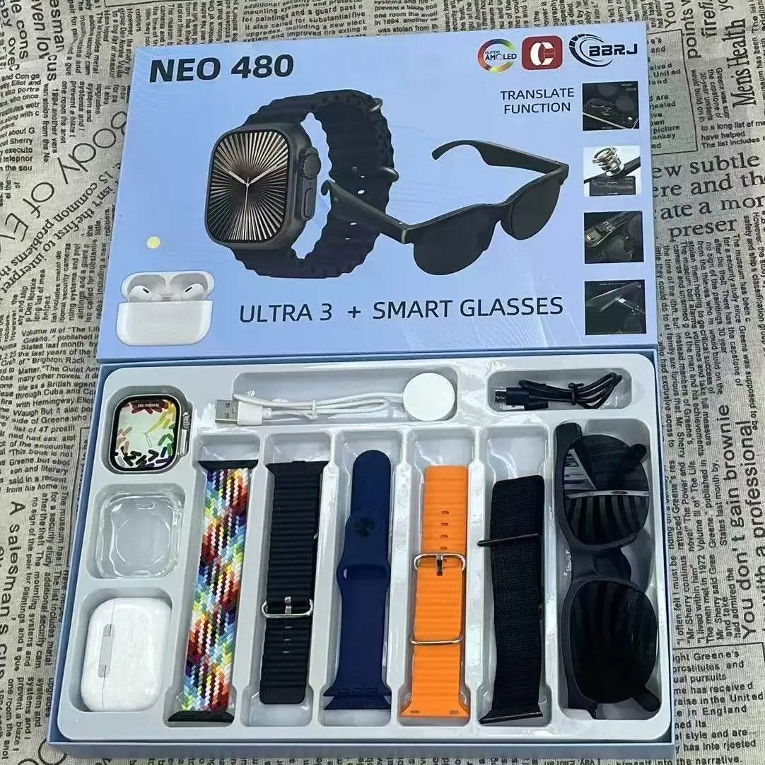 3-in-1 Smart Watch, Bluetooth Headphones, and Wireless Glasses Set - DMC Wholesale