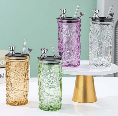 Luxury Design Drink Glass Cup With Lid And Straw (330ml)(Each)