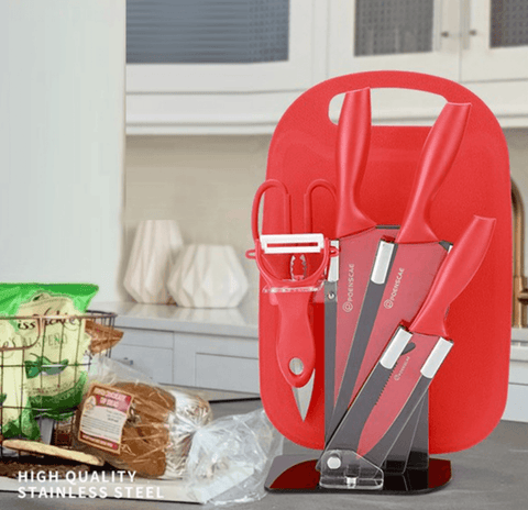 Kitchen Knife Set with Cutting Board (7 pcs)(Red)
