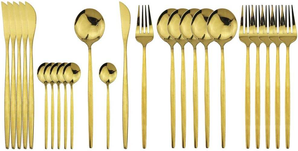 Polished Round Cutlery Set (24 pcs)(Gold) - DMC Wholesale