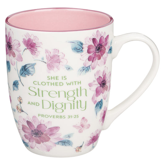 Clothed With Strength And Dignity Floral Ceramic Mug With Pink Interior - Proverbs 31:25