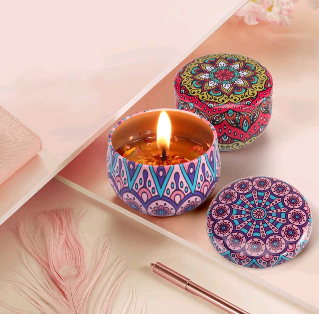 Peppermint Aroma Candle In Colourful Patterned Tin (65ml)