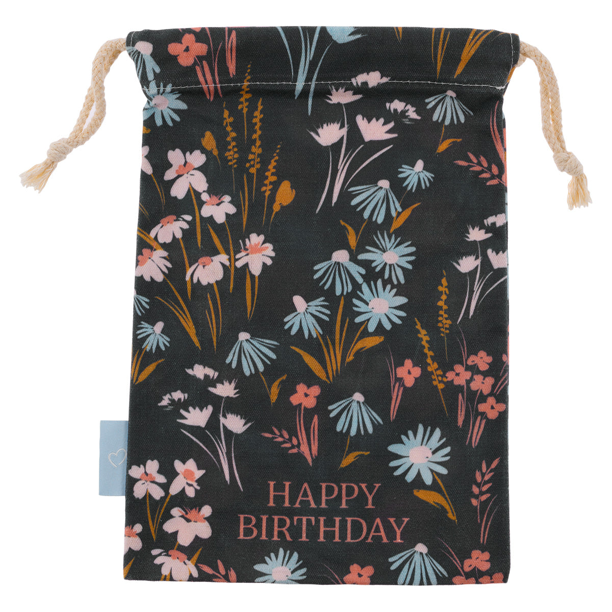 Happy Birthday Flowers Small Cotton Drawstring Bag