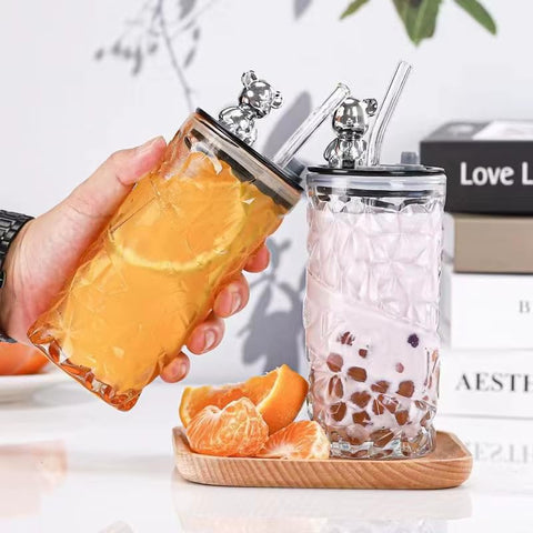 Luxury Design Drink Glass Cup With Lid And Straw (330ml)(Each) - Alt View