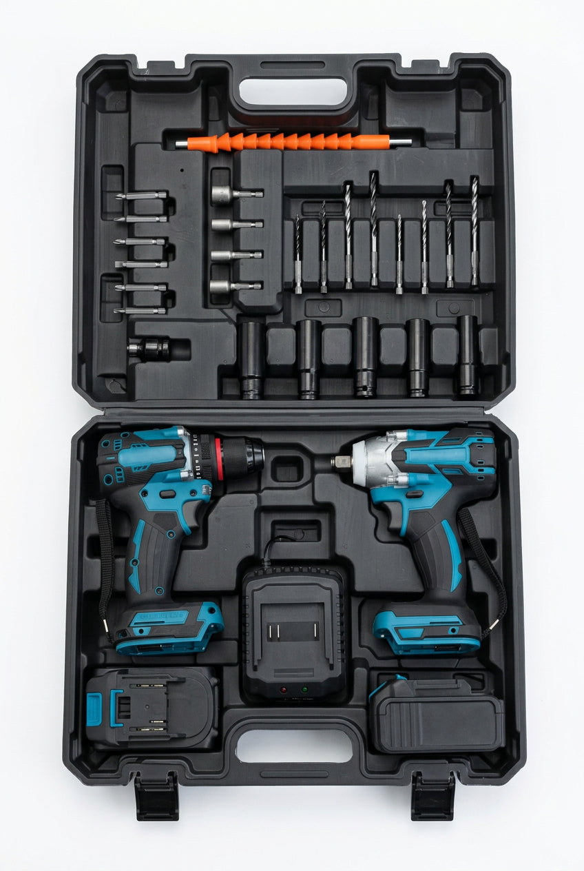 Cordless Drill & Impact Wrench Combo Kit with Accessories and Carry Case