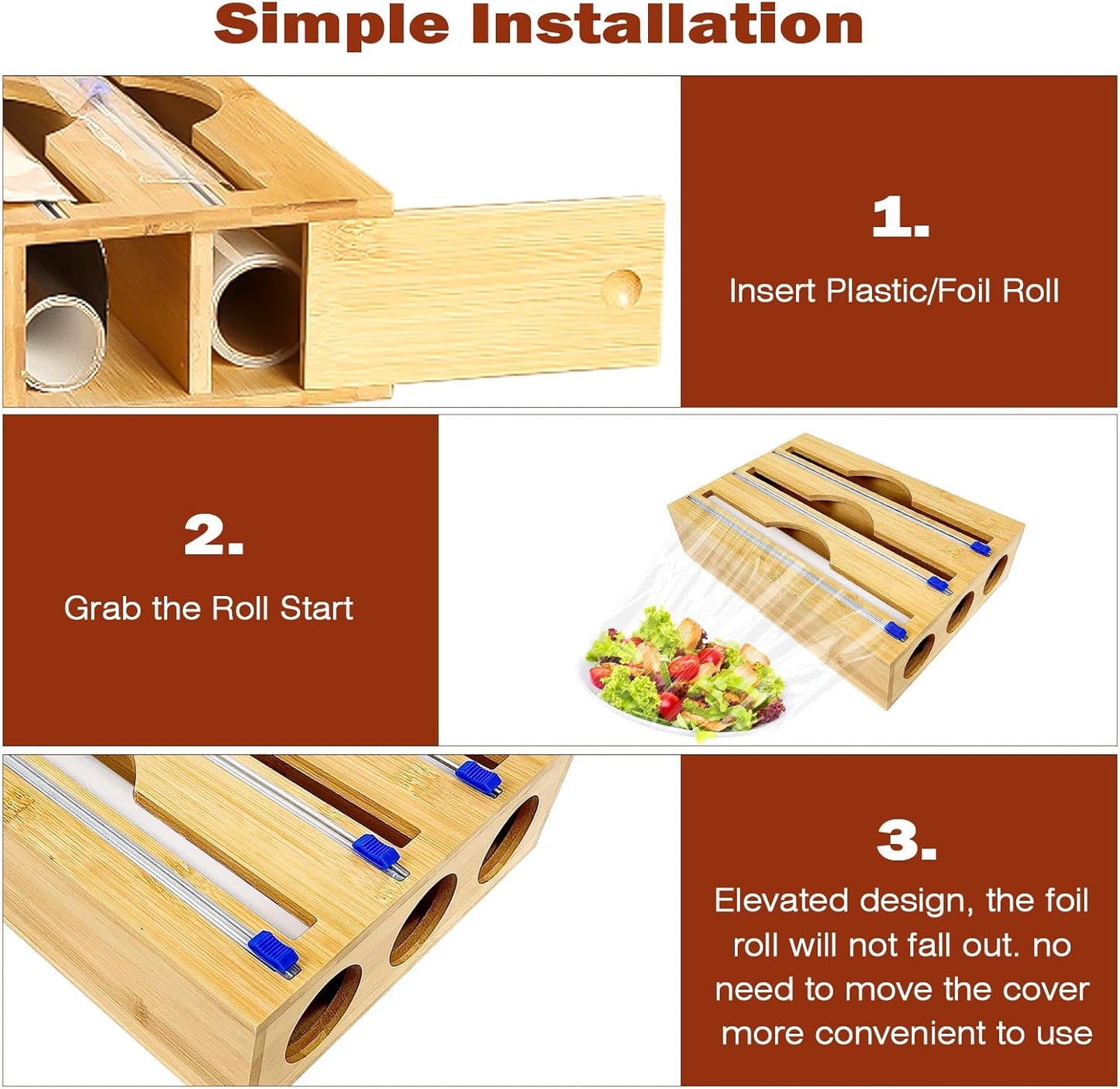 Natural Bamboo Wrap Cutter Dispenser (3 Compartment)
