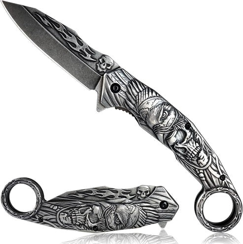 3D Skull Eagle Plated Titanium Folding Knife