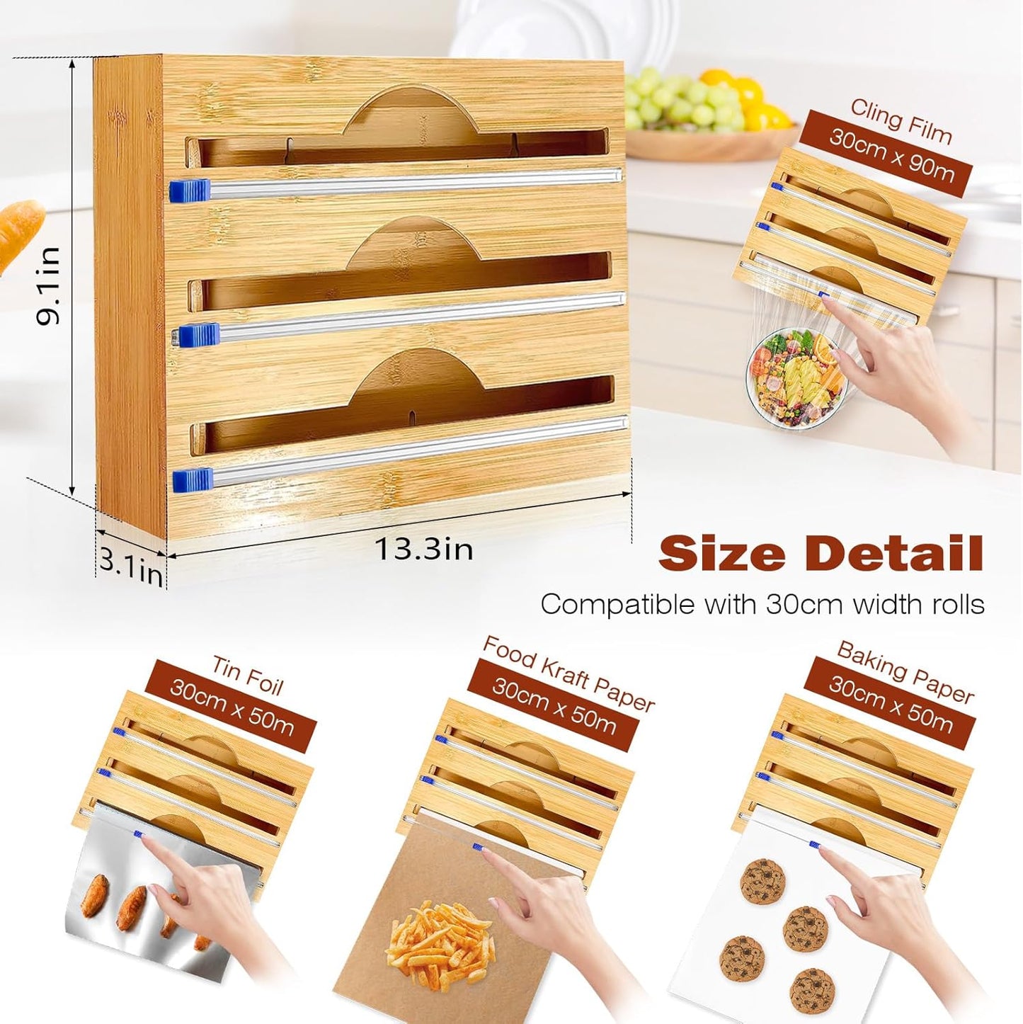 Natural Bamboo Wrap Cutter Dispenser (3 Compartment)