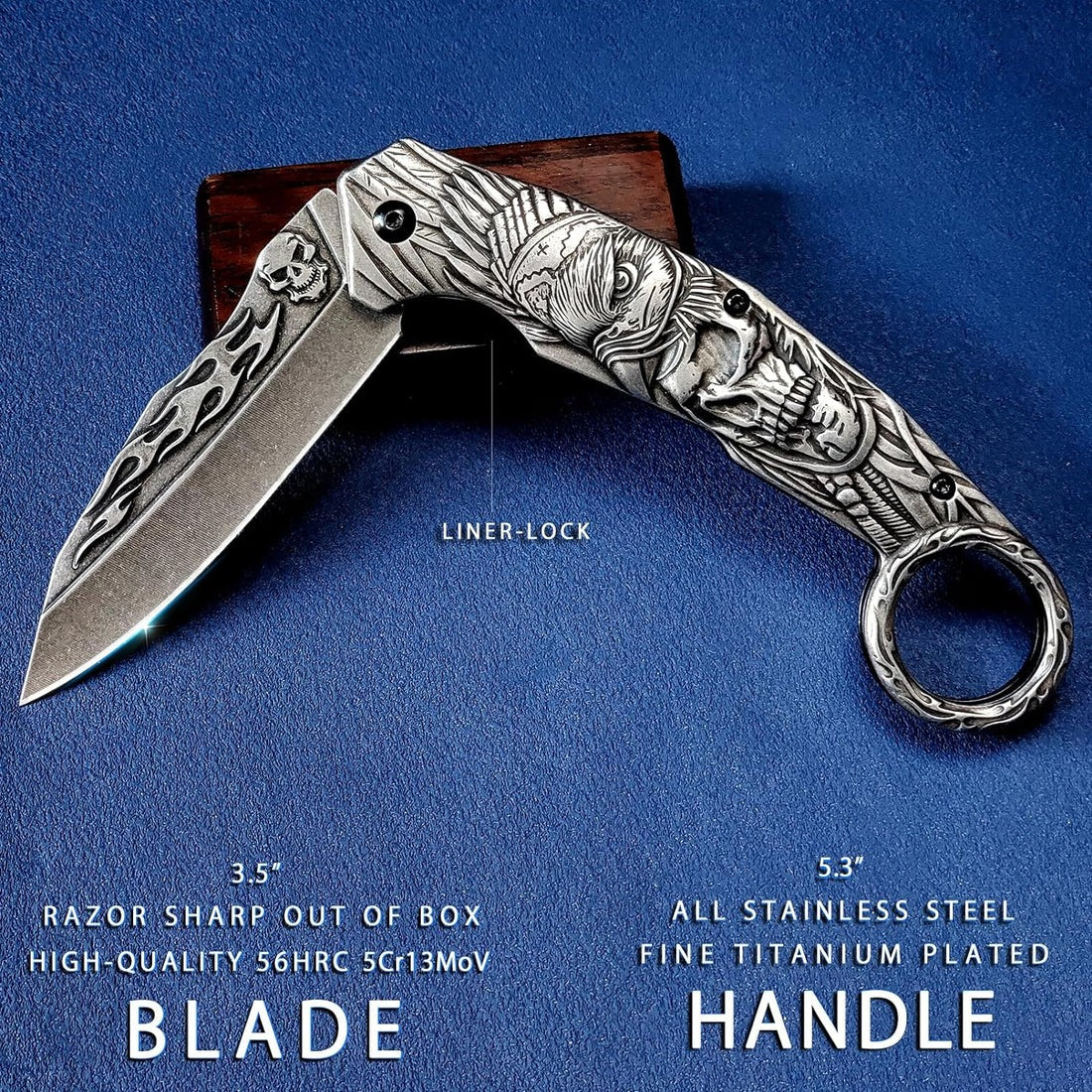 3D Skull Eagle Plated Titanium Folding Knife