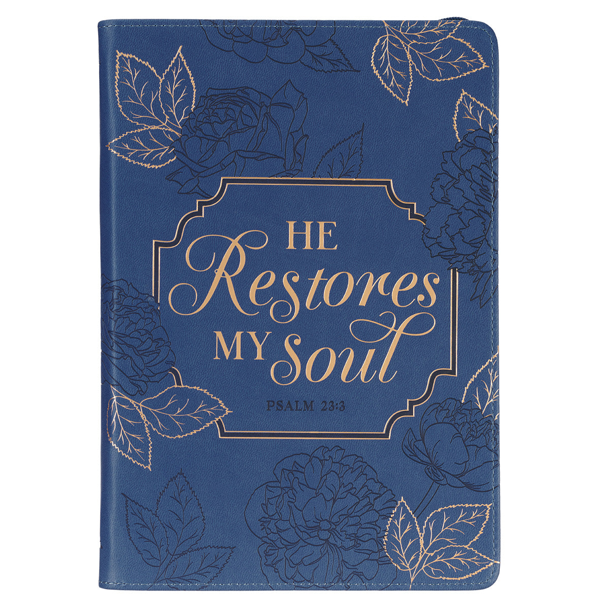 He Restores My Soul Navy Blue Faux Leather Journal With Zipped Closure - Psalms 23:3