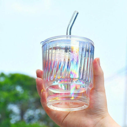 Rainbow Tumbler Glass With Lid And Straw (400ml)(Each) - DMC Wholesale