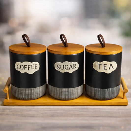 Ceramic Coffee Tea And Sugar Holder Set With Bamboo Tray