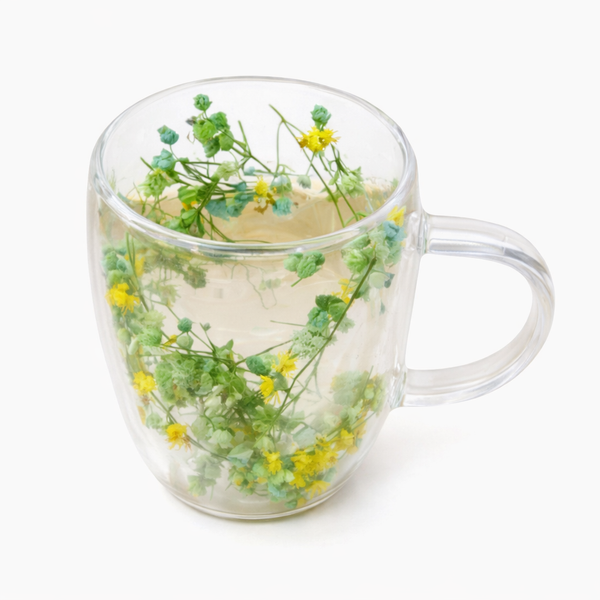 Double Walled Glass Cup (350ml)(Yellow Green Blue Flowers)