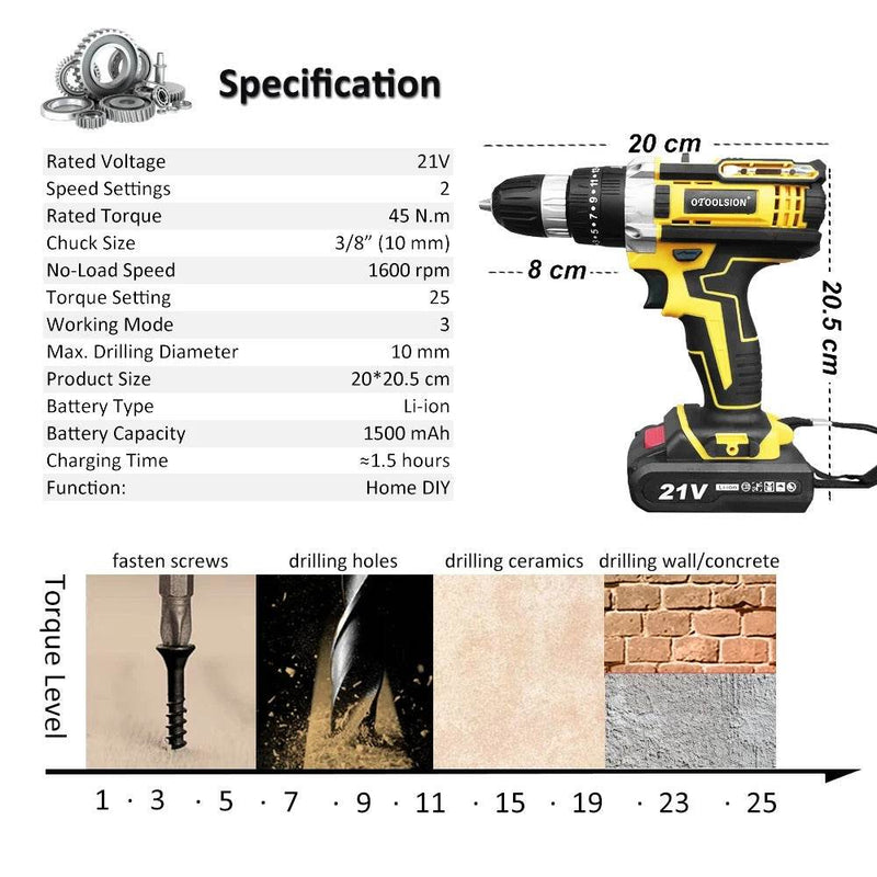 Torque Impact Cordless Screwdriver Drill (21V)
