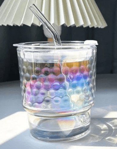 Rainbow Tumbler Glass With Lid And Straw (400ml)(Each) - DMC Wholesale