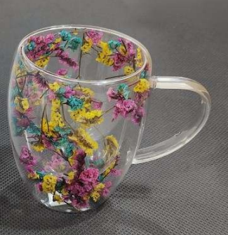 Double Walled Glass Cup (350ml)(Pink Yellow Flowers)