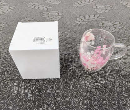 Double Walled Glass Cup (350ml)(Light Yellow Pink Flowers)