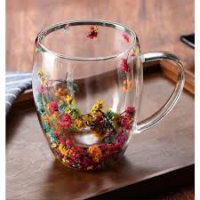 Double Walled Glass Cup (350ml)(Bright Mixed Color Flowers)