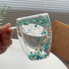 Double Walled Glass Cup (350ml)(Blue White Flowers)