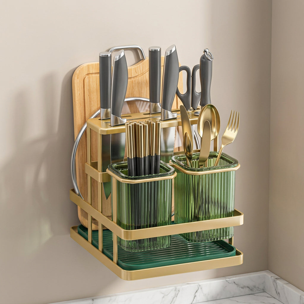 Multi-Function Knife Block & Utensil Organizer with Cutting Board Holder