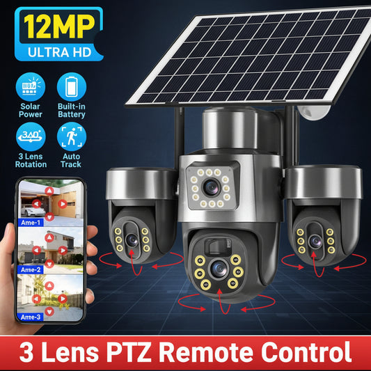 12MP Solar Powered 4G PTZ Security Camera System with 3 Lens Rotation
