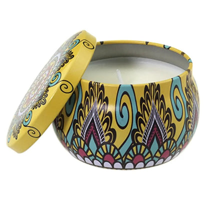 English Pear And Freesia Aroma Candle In Colourful Patterned Tin (65ml)